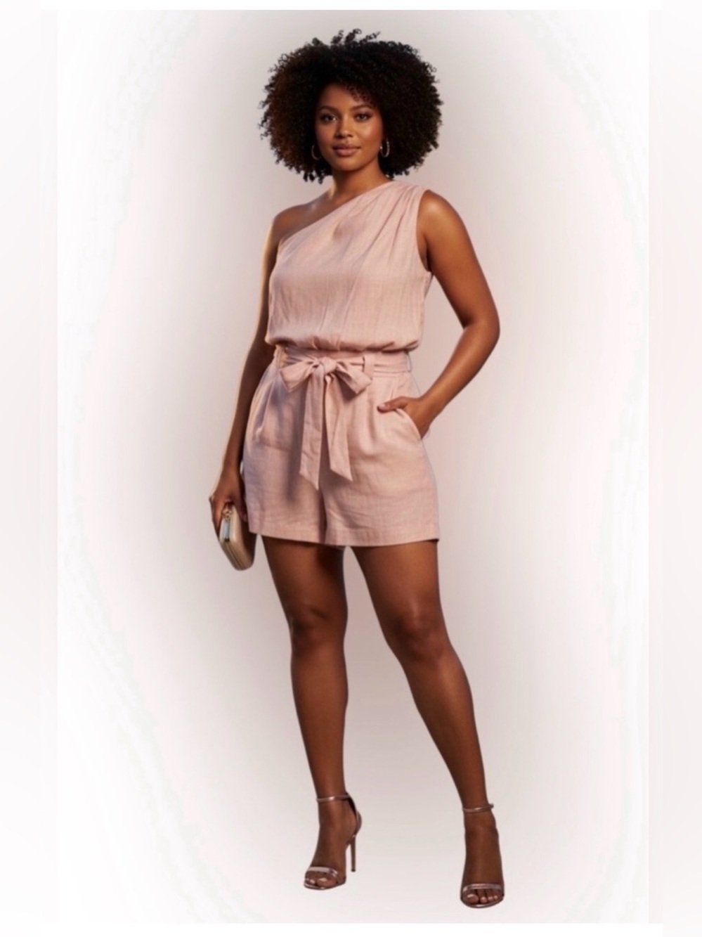 Express One-Shoulder Tie-Waist Romper in Blush